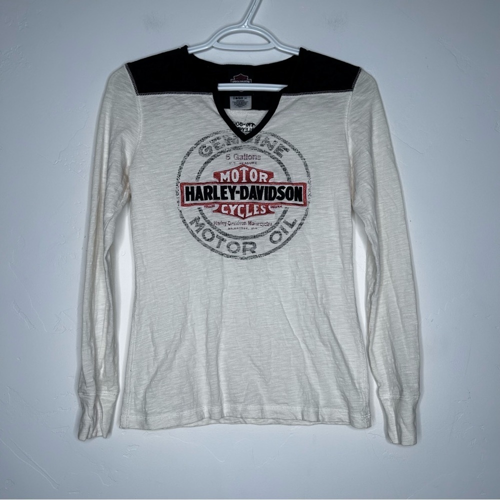 2013 Harley Davidson Black Cream Embroidered Logo Graphic Long Sleeve‎ Tee Small